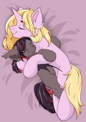 Size: 2480x3508 | Tagged: safe, artist:urpone, oc, oc only, oc:biting red, bat pony, pony, unicorn, cuddling, high res, oc x oc, shipping