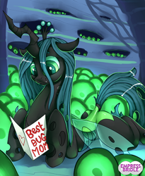 Size: 650x792 | Tagged: dead source, safe, artist:empressbridle, queen chrysalis, changeling, changeling queen, g4, card, changeling egg, changeling hive, crown, cute, cutealis, dock, egg, female, jewelry, mommy chrissy, mother's day, prone, regalia, smiling, solo, sweet dreams fuel