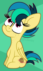 Size: 1260x2093 | Tagged: safe, artist:puperhamster, oc, oc only, oc:apogee, pegasus, pony, body freckles, ear freckles, female, filly, freckles, simple background, sitting, solo