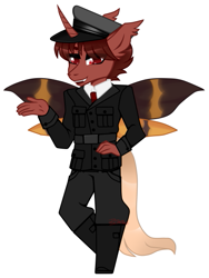 Size: 447x595 | Tagged: safe, artist:nekomellow, oc, oc only, oc:red flux, changeling, anthro, clothes, male, simple background, solo, transparent background, uniform