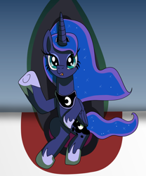 Size: 1708x2048 | Tagged: safe, artist:platinumdrop, princess luna, alicorn, pony, g4, female, mare, open mouth, sitting, solo, throne