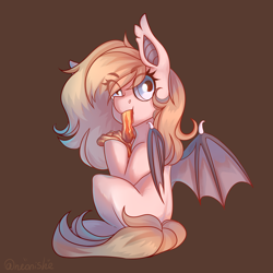 Size: 2000x2000 | Tagged: safe, artist:neonishe, oc, oc only, bat pony, pony, bacon, bat pony oc, bat wings, chibi, food, high res, meat, ponies eating meat, simple background, solo, wings