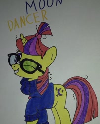 Size: 750x925 | Tagged: safe, artist:electric spark, moondancer, pony, unicorn, g4, cute, dancerbetes, female, glasses, grin, looking at you, mare, one eye closed, simple background, smiling, smiling at you, solo, text, traditional art, white background, wink