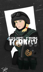 Size: 1200x2000 | Tagged: safe, artist:twa1kaart, applejack, human, g4, ak-74, armor, bulletproof vest, crossover, escape from equestria, escape from tarkov, female, helmet, humanized, solo, weapon
