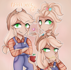 Size: 2059x2014 | Tagged: safe, artist:appleychu, applejack, human, g4, simple ways, apple, apple juice, applejewel, blowing a kiss, clothes, crossed arms, eating, female, food, heart, high res, humanized, juice, messy, messy eating, overalls, solo, triality, white outline