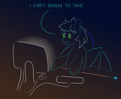 Size: 825x677 | Tagged: safe, artist:quint-t-w, oc, oc only, oc:turbulence, bat pony, pony, bat pony oc, bat wings, chair, computer mouse, computer screen, desk, dexterous hooves, eeee, fangs, female, gradient background, i can't clop to this, keyboard, meme, minimalist, modern art, reaction image, solo, talking, underhoof, wings