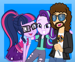 Size: 805x660 | Tagged: safe, artist:grapefruitface1, sci-twi, starlight glimmer, twilight sparkle, equestria girls, equestria girls specials, g4, my little pony equestria girls: mirror magic, clothes, electric light orchestra, female, hug, jeff lynne, looking at you, microphone, show accurate, sunglasses