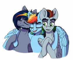 Size: 5256x4332 | Tagged: safe, artist:celestial-rainstorm, rainbow dash, oc, oc:jetstream, oc:prism storm, pony, g4, absurd resolution, female, hug, male, mother and child, mother and son, offspring, older, parent:rainbow dash, parent:soarin', parents:soarindash, simple background, white background