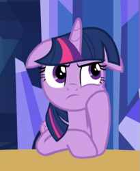 Size: 519x632 | Tagged: safe, screencap, twilight sparkle, alicorn, pony, g4, made in manehattan, angry, bored, cheek squish, cropped, cute, ears back, female, folded wings, frown, hoof on cheek, looking away, looking up, madorable, mare, solo, squishy cheeks, supporting head, table, twilight sparkle (alicorn), twilight sparkle is not amused, unamused, wings