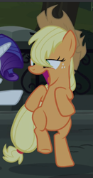 Size: 487x931 | Tagged: safe, screencap, applejack, pony, made in manehattan, big mouth, bipedal, cropped, faic, female, great moments in animation, happy, open mouth, solo