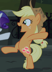 Size: 648x899 | Tagged: safe, screencap, applejack, pony, g4, made in manehattan, season 5, bipedal, cropped, cute, female, glowing cutie mark, happy, jackabetes, mare, offscreen character, open mouth, silly, silly pony, smiling, solo, who's a silly pony