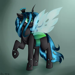 Size: 3000x3000 | Tagged: dead source, safe, artist:brilliant-luna, queen chrysalis, changeling, changeling queen, g4, crown, female, high res, jewelry, raised hoof, regalia, solo, transparent wings, wings