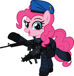 Size: 6000x6132 | Tagged: safe, artist:n0kkun, part of a set, pinkie pie, earth pony, pony, g4, armor, assault rifle, bag, belt, beret, boots, clothes, colt canada c8nld, commission, cuffs, earpiece, female, gloves, gun, hat, jacket, mare, mp5, netherlands, open mouth, pants, police, pouch, raised hoof, raised leg, rifle, royal marechaussee, saddle bag, shoes, simple background, solo, submachinegun, transparent background, weapon