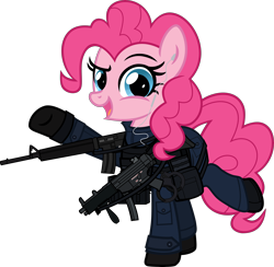 Size: 6000x5845 | Tagged: safe, alternate version, artist:n0kkun, part of a set, pinkie pie, earth pony, pony, g4, armor, assault rifle, bag, belt, boots, clothes, colt canada c8nld, commission, cuffs, earpiece, female, gloves, gun, jacket, mare, mp5, netherlands, open mouth, pants, police, pouch, raised hoof, raised leg, rifle, royal marechaussee, saddle bag, shoes, simple background, solo, submachinegun, transparent background, weapon