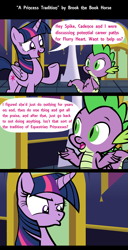 Size: 1920x3761 | Tagged: safe, artist:brook the book horse, spike, twilight sparkle, alicorn, dragon, pony, g4, brutal honesty, comic, dialogue, female, high res, implied flurry heart, implied princess cadance, male, mare, misspelling, speech bubble, twilight sparkle (alicorn), twilight sparkle is not amused, twilight's castle, unamused, winged spike, wings, youtube link in the description