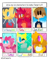 Size: 995x1200 | Tagged: safe, artist:cafebirdo, pinkie pie, earth pony, human, pony, porcupine, g4, animatronic, chica, crossover, eddsworld, female, five nights at freddy's, flaky, happy tree friends, jon (eddsworld), male, mare, six fanarts, south park, tongue out