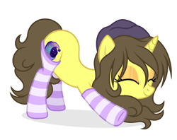 Size: 2250x1783 | Tagged: safe, artist:rioshi, artist:sparkling_light base, artist:starshade, oc, oc only, oc:astral flare, pony, unicorn, beanie, clothes, cute, eyes closed, hat, simple background, socks, solo, stretching, striped socks, white background