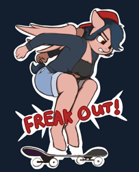Size: 854x1051 | Tagged: safe, artist:neighday, oc, oc only, oc:flip trick, pegasus, anthro, unguligrade anthro, angry, backwards ballcap, backwards cap, baseball cap, black background, cap, clothes, denim shorts, female, fist, freak out, freckles, gritted teeth, hat, jacket, looking down, short shirt, shorts, simple background, skateboard, skateboarding, solo, tail, tank top, wings