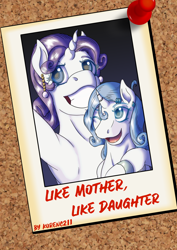 Size: 1240x1754 | Tagged: safe, artist:korencz11, rarity, oc, oc:pearl belle, pony, unicorn, fanfic:like mother like daughter, g4, armpits, ear piercing, earring, fanfic, fanfic art, fanfic cover, jewelry, offspring, parent:fancypants, parent:rarity, parents:raripants, photo, piercing, polaroid
