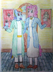 Size: 3040x4160 | Tagged: safe, artist:mildgyth, derpibooru exclusive, pinkie pie, rainbow dash, anthro, plantigrade anthro, ziragshabdarverse, g4, clothes, coat, dress, faravahar, flag, glass, shoes, sugarcube corner, traditional art