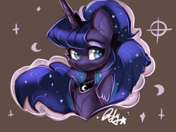 Size: 1600x1200 | Tagged: safe, artist:oofycolorful, princess luna, alicorn, pony, g4, brown background, bust, chest fluff, crescent moon, cute, ear fluff, ethereal mane, female, lunabetes, mare, moon, simple background, solo, starry eyes, starry mane, wingding eyes