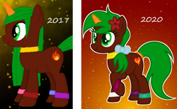 Size: 1280x788 | Tagged: safe, artist:razorbladetheunicron, oc, oc only, oc:razor blade, pony, unicorn, base used, bow, bracelet, choker, colored horn, comparison, flower, flower in hair, hair bow, horn, jewelry, old vs new, solo