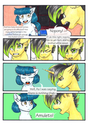 Size: 3336x4776 | Tagged: safe, artist:tillie-tmb, oc, oc only, oc:meadow lark, oc:tempest, earth pony, pony, unicorn, comic:the amulet of shades, comic, female, mare