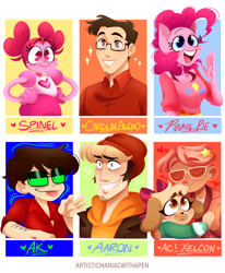 Size: 1080x1308 | Tagged: safe, artist:artisticmaniacwithapen, pinkie pie, dog, earth pony, gem (race), human, anthro, g4, spoiler:steven universe, spoiler:steven universe: the movie, :d, :p, animal crossing, bow, bust, clothes, crossover, cutie mark, cutie mark on clothes, default spinel, eyelashes, female, gem, glasses, hair bow, hat, heart, hug, male, six fanarts, smiling, spinel, spinel (steven universe), spoilers for another series, steven universe, steven universe: the movie, sunglasses, tongue out
