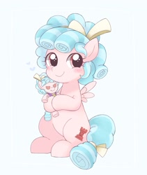 Size: 1725x2048 | Tagged: dead source, safe, artist:ginmaruxx, cozy glow, pegasus, pony, blushing, cozybetes, cute, female, filly, headband, looking at you, plushie, simple background, sitting, smiling, solo, white background