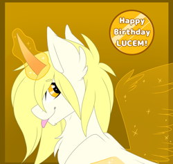 Size: 2000x1886 | Tagged: safe, artist:melodytheartpony, oc, oc:lucem diem, pony, unicorn, :p, artificial wings, augmented, birthday, cute, fluffy, glowing horn, happy birthday, horn, looking at you, magic, magic wings, male, solo, tongue out, wings