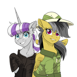 Size: 2048x2048 | Tagged: safe, artist:tillie-tmb, daring do, twilight velvet, pegasus, pony, unicorn, series:daring did tales of an adventurer's companion, g4, clothes, duo, duo female, fanfic art, female, hat, high res, jacket, leather jacket, mare, pith helmet, scar, smiling