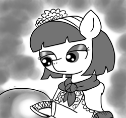 Size: 640x600 | Tagged: safe, artist:ficficponyfic, part of a set, oc, oc only, oc:mulberry telltale, cyoa:madness in mournthread, bag, boot, buttons, clothes, cyoa, eyeshadow, flower, handkerchief, headband, makeup, monochrome, mystery, part of a series, shawl, story included