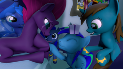 Size: 1280x720 | Tagged: safe, artist:johnnyxluna, princess luna, tempest shadow, oc, oc:camron, oc:flarine, oc:lunete, g4, 3d, canterlot castle, family, female, gift giving, male, mother and child, mother and daughter, mother and son, mothers day 2020, offspring, source filmmaker, touched by