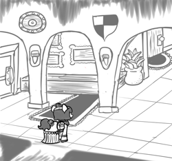 Size: 640x600 | Tagged: safe, artist:ficficponyfic, part of a set, oc, oc only, oc:mulberry telltale, cyoa:madness in mournthread, cyoa, door, framm, indoors, monochrome, mystery, part of a series, pillar, potted plant, rug, shield, story included, tile floor, torch