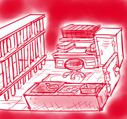 Size: 640x600 | Tagged: safe, artist:ficficponyfic, part of a set, cyoa:madness in mournthread, bars, bookshelf, cyoa, desk, door, drawer, key, lockers, monochrome, mystery, no pony, part of a series, room layout, story included, table