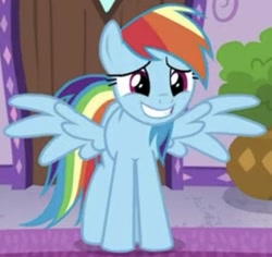 Size: 608x575 | Tagged: safe, screencap, rainbow dash, pegasus, pony, deep tissue memories, spoiler:deep tissue memories, spoiler:mlp friendship is forever, caught, cropped, cute, dashabetes, female, mare, solo, spread wings, wings