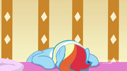 Size: 1280x720 | Tagged: safe, screencap, rainbow dash, pegasus, pony, deep tissue memories, g4, my little pony: friendship is forever, exhausted, faceplant, female, mare, solo, spa pony rainbow dash