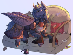 Size: 2362x1772 | Tagged: safe, artist:sourcherry, oc, oc only, oc:moonlight grimoire, alicorn, pony, fallout equestria, commission, curved horn, horn, prone, sofa bed, solo
