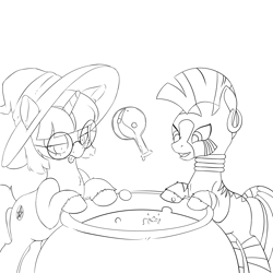 Size: 1500x1500 | Tagged: safe, artist:anonymous, zecora, oc, pony, unicorn, zebra, g4, :p, black and white, bottle, bubble, cauldron, drawthread, ear piercing, earring, glasses, grayscale, hat, jewelry, lineart, monochrome, piercing, potion, tongue out, unshorn fetlocks, witch hat