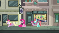Size: 1920x1080 | Tagged: safe, screencap, luckette, pinkie pie, ruby pinch, strawberry ice, g4, the gift of the maud pie, female, filly, hoof on chest, looking at each other, running, running away, sitting