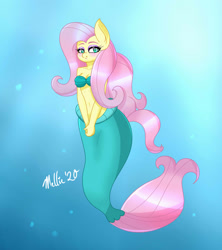 Size: 1600x1800 | Tagged: safe, artist:melliedraws, fluttershy, mermaid, anthro, g4, belly button, breasts, bubble, cleavage, heart nostrils, mermaidized, midriff, seashell bra, species swap, underwater, water