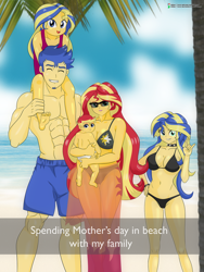 Size: 1130x1500 | Tagged: safe, artist:chuyryu, flash sentry, sunset shimmer, oc, oc:aura dawn, oc:evening glow(chuyryu), equestria girls, g4, abs, absolute cleavage, baby, beach, belly button, bikini, breasts, child, cleavage, clothes, family photo, father and child, father and daughter, female, male, mama sunset, mother and child, mother and daughter, offspring, older, older flash sentry, older sunset, parent:flash sentry, parent:sunset shimmer, parents:flashimmer, sarong, ship:flashimmer, shipping, siblings, sisters, straight, swimming trunks, swimsuit