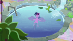 Size: 640x360 | Tagged: safe, screencap, twilight sparkle, alicorn, pony, deep tissue memories, spoiler:deep tissue memories, spoiler:mlp friendship is forever, animated, beautiful, cute, eyes closed, female, floating, flowing mane, gif, mare, pleased, pond, relaxing, sigh, smiling, solo, spa, spread wings, swimming pool, twiabetes, twilight sparkle (alicorn), water