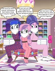 Size: 785x1018 | Tagged: safe, artist:robukun, cookie crumbles, rarity, sweetie belle, equestria girls, g4, arm behind back, bondage, bound and gagged, cloth gag, clothes, dressing room, equestria girls-ified, female, footed sleeper, footie pajamas, gag, help us, mother and child, mother and daughter, mother's day, muffled words, nightgown, over the nose gag, pajamas, siblings, sisters, sleep mask, tied up, trio, trio female, vanity