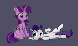 Size: 3104x1864 | Tagged: safe, artist:lilfunkman, rarity, twilight sparkle, alicorn, pony, unicorn, g4, bellyrub request, female, gray background, lesbian, looking at each other, looking down, looking up, lying down, on side, ship:rarilight, shipping, simple background, sitting, twilight sparkle (alicorn)