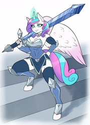 Size: 1024x1434 | Tagged: safe, artist:ambris, princess flurry heart, alicorn, anthro, unguligrade anthro, g4, armor, armpits, bare shoulders, biceps, big breasts, blushing, boots, bracer, breasts, busty princess flurry heart, cleavage, confident, curved horn, ear piercing, fantasy class, female, greatsword, heart, hooves, horn, jewelry, muscles, muscular female, necklace, older, older flurry heart, piercing, pose, shoes, shoulderless, solo, stairs, stupid sexy princess flurry heart, sword, thigh boots, thighs, tight clothing, unconvincing armor, warrior, warrior flurry heart, weapon, zettai ryouiki