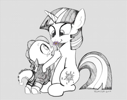 Size: 742x586 | Tagged: safe, artist:mamatwilightsparkle, spike, twilight sparkle, dragon, pony, unicorn, tumblr:mama twilight sparkle, g4, baby, baby spike, clothes, comic, duo, flower, happy, mama twilight, monochrome, overalls, partial color, smiling, tumblr, younger