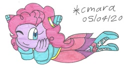 Size: 1009x551 | Tagged: safe, artist:cmara, pinkie pie, anthro, g4, crossover, cute, diapinkes, female, one eye closed, seedrian, solo, sonic the hedgehog (series), species swap, traditional art, wink