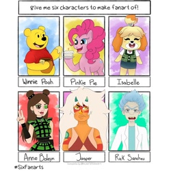 Size: 1080x1080 | Tagged: safe, artist:luisahenaohoyos, pinkie pie, bear, dog, earth pony, gem (race), human, pony, anthro, g4, spoiler:steven universe, spoiler:steven universe future, animal costume, animal crossing, anthro with ponies, bust, cake, clothes, costume, crossover, eyes closed, female, food, gem, honey, hoof hold, isabelle, jasper (mineral), jasper (steven universe), makeup, male, mare, mineral, one eye closed, open mouth, plate, pooh, quartz, raised hoof, red striped jasper, rick and morty, rick sanchez, six fanarts, smiling, spoilers for another series, steven universe, steven universe future, wink, winnie the pooh