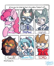 Size: 1080x1307 | Tagged: safe, artist:skimmymilk_official, pinkie pie, big cat, cat, earth pony, human, lion, pony, anthro, g4, animal crossing, anthro with ponies, beastars, bust, clothes, crossover, eddsworld, female, glasses, grin, hatsune miku, hoodie, legosi (beastars), mare, necktie, one eye closed, raymond, scar (the lion king), six fanarts, smiling, the lion king, tord (eddsworld), vocaloid, wink